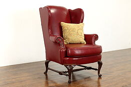 Georgian Style Vintage Burgundy Leather Wingback Chair, N Hickory #39990