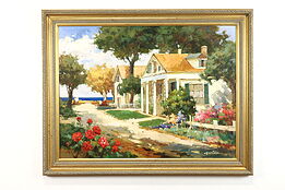 Cottages by Ocean Vintage Original Large Acrylic Painting, Gaston 56.5" #40098