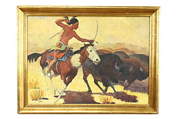 Native American Hunting Buffalo Antique Original Oil Painting, 34" #39765
