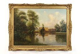 View Across a Mill Pond Antique Original Oil Painting, Ender 47.5" #39766