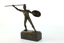 Bronze Antique Statue of Roman Soldier with Spear, Marble Base, W. Volz #39841