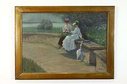 Victorian Ladies Garden Antique Original Oil Painting, M. Burkhardt 31.5" #40284