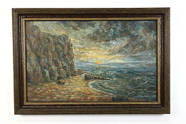 Sunset on a Beach & Cliffs Antique Original Oil Painting, Bettinger 37.5" #39883