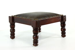 Traditional Antique Footstool, Leather Upholstery & Brass Nailhead Trim #39663