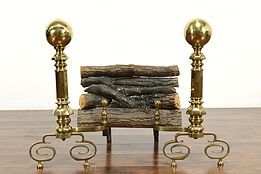 Pair of Antique Brass Federal Style Large Fireplace Hearth Andirons #39343