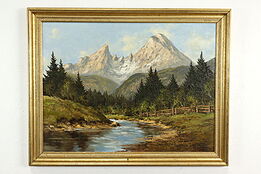 Alpine Mountain Scene Original Vintage Oil Painting, Kurt Moser 36" #40356