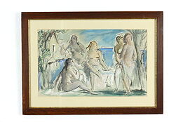 Women Bathing Vintage Original Pastel & Watercolor Painting, 21.5" #38912