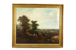 Landscape Picking Berries Antique 1825 Original Oil Painting, 37.5" #40285