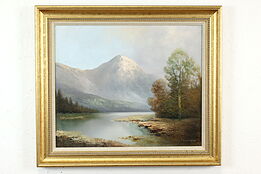 Mountain & River Landscape Vintage Original Oil Painting, Schmidbauer 30" #40303