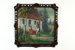 Farmer & Wife with Cottage Antique Original Oil Painting, 25.5" #40154