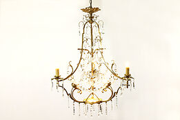 French Rococo Antique 5' Bronze Electrified Gas Chandelier Crystal Prisms #39858