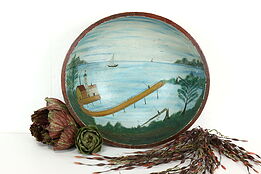 Farmhouse Antique 17" Wooden Dough Bowl, Hand Painted Folk Art Lake Scene #40546