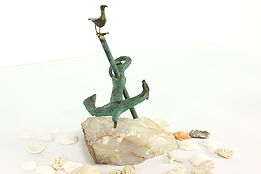 Verdigris Iron Anchor & Seagull on Quartz Base Vintage Sculpture #40602