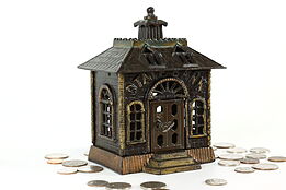 Victorian Cast Iron Antique State Bank Coin Bank, Lock & Key #40542