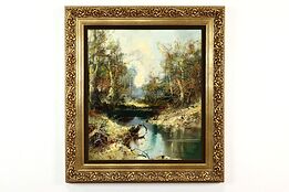 Autumn Forest & River Landscape Vintage Original Oil Painting, 41" #39712