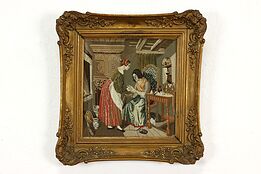 Women in Parlor Antique 1820s Hand Stitched Petit Point Tapestry 16.5" #40270