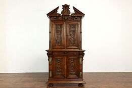 Italian Renaissance Antique Carved Walnut Cupboard, Cabinet, Marble Inlay #40176