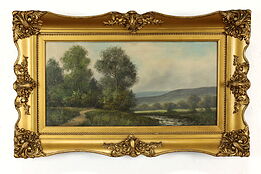 Victorian River Landscape Antique Original Oil Painting, Marvin 31.5" #40230