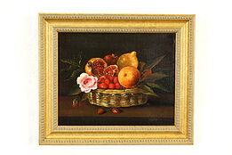 Still Life of Fruit Basket Vintage Original Oil Painting, Leonard 13" #40538