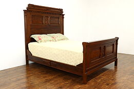 Victorian Eastlake Antique Carved Queen Size Bed, Carved Squirrels #40556