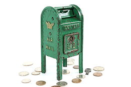 Cast Iron Antique US Air Mail Mailbox Coin Bank & Key #40532