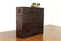 Chinese Antique Teak & Iron Stacking Campaign Chests, Secret Box #40486