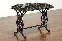 Victorian Antique Cast Iron Bench, New Upholstery, Lyre Motifs  #40558