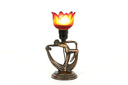 Art Deco Vintage Dancer Sculpture Lamp, Stained Glass Flower Shade #40560