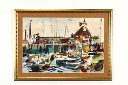 Busy Maine Harbor Scene Vintage Original Watercolor Painting, Conway 26" #40428