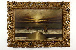 Clam Diggers at Low Tide Antique Original Oil Painting, Munsterfeld 54" #40226