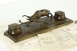 Farmhouse Bronze Antique Double Inkwell & Pen Holder, Stag Deer Sculpture #40817