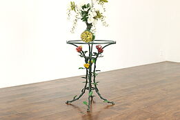 Wrought Iron Antique Italian Plant Stand or End Table Hand Painted Roses #40211