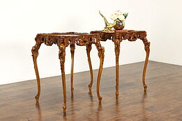 Pair of Vintage Inlaid Marquetry End Tables, Carved Angels or Cherubs #40730