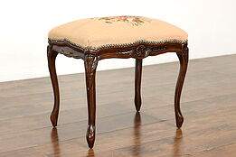 Country French Carved Fruitwood Vintage Bench, Stool, Floral Needlepoint #40212