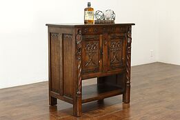 Gothic Oak Antique Bar or Bath Cabinet Hall Console Server Carved Knights #40223