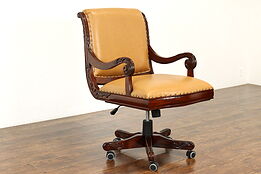 Vintage Leather Carved Swivel Office or Library Desk Chair Tall Size #40860