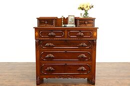 Victorian Walnut Antique Chest or Dresser, Jewelry Drawers Carve Pulls  #37566