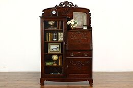 Victorian Antique Oak Side by Side Secretary Desk & Bookcase Curved Glass #39430