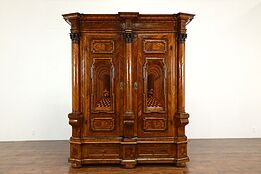 German Baroque Antique 1720 Mahogany & Rosewood Marquetry Armoire #40498