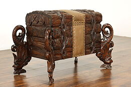 Swiss Pine Antique Dowry Chest or Trunk, Hand Carved Figures, Leather #40218