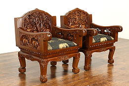 Pair of Vintage Elephant Hand Carved Teak Armchairs, New Upholstery #38364
