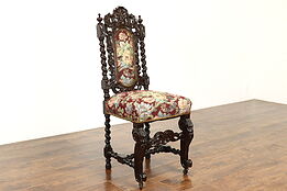 Black Forest Oak Antique Hand Carved Desk, Side Chair, Floral Upholstery #37683