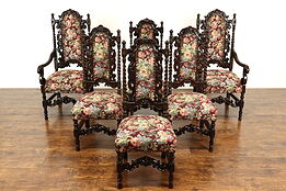 Set of 6 Black Forest Oak Antique Carved Dining Chairs, Floral Upholstery #40503