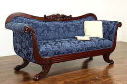 Empire or Biedermeier Antique 1860s Carved Mahogany Sofa, New Upholstery #40257