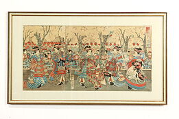 Japanese Antique Ukiyo-e Style Triptych Festival Woodblock Print, 20" #40347