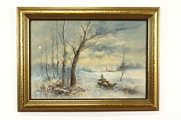 Shepherd Winter Scene Antique Original Watercolor Painting Bemish 36" #40746