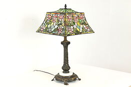Stained Glass Hand Leaded Shade Vintage Office or Library Lamp, Onyx Base #41064