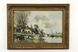 Dutch Canal Windmill & Boat Vintage Original Oil Painting Verheijen 37.5" #41061