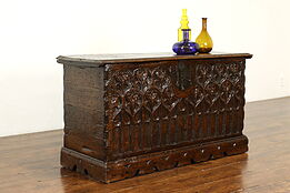 Gothic Oak Antique 1700s Dutch Dowry Chest or Trunk, Carved Tracery #40248