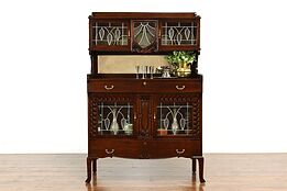 Art Nouveau Oak Antique Bar Cabinet, Sideboard, Server, Leaded Glass #40677